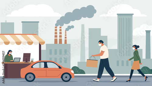 An illustration of people walking and a car parked near a small booth in an urban area with a polluted cityscape in the background