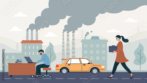 An illustration of a man working on a laptop at a desk and a woman walking by with a briefcase in a polluted urban environment