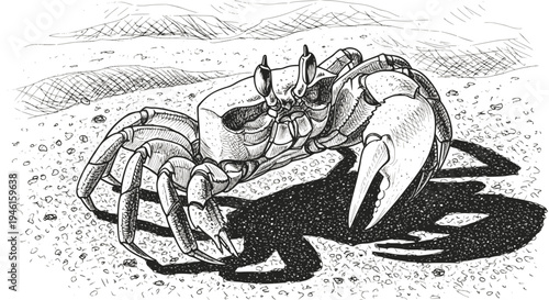 Ghost crab (Ocypode ryderi) close-up. Monochrome vector illustration. Transparent background SVG version.