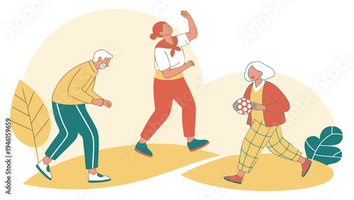 A group of seniors and a young woman enjoying outdoor exercise and socializing together in a park