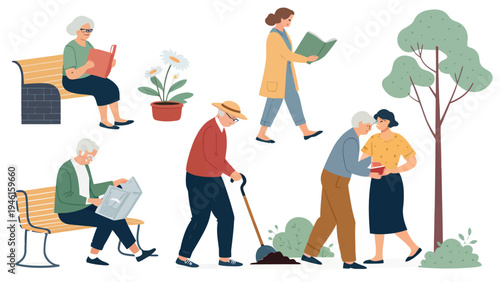 Elderly people engaging in various leisure activities in a park