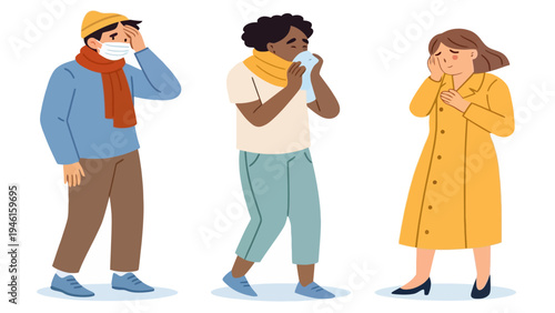 Three people experiencing symptoms of illness, including a man wearing a face mask, a woman blowing her nose, and another woman clutching her chest in discomfort.