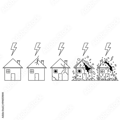 progression of a house being struck by lightning and subsequent damage