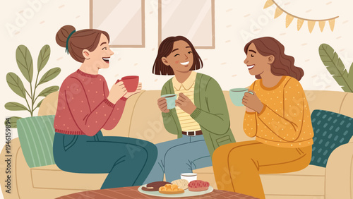 Three women sitting on a couch laughing and enjoying coffee and pastries together in a cozy living room