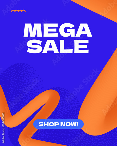 Mega Sale Announcement with Shop Now Button and Abstract Shapes