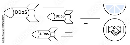 DDoS attack concept. DDoS symbols online attacks with related resolution icons thumbs up negotiation and mitigation. DDoS prevention is key for secure systems, data safety, and IT infrastructure