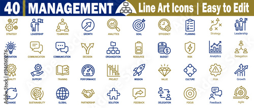Management line art icons set. Collection of forty line art management icons for easy editing and use of vector illustration. 