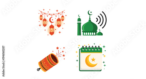 Icon Set Ramadhan Kareem, Eid Mubarak, Eid Al Fitr Flat Minimalist Design Illustration