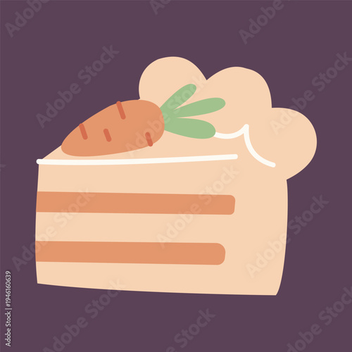 Carrot cake slice. Cute hand drawn easter dessert vector illustration isolated on background. Sweet bakery pastry icon for menu, sticker, packaging and holiday design.