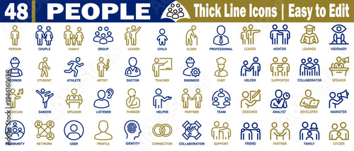 People line art icons set. Collection of forty-eight thick-line icons representing various people and professions, vector illustration.