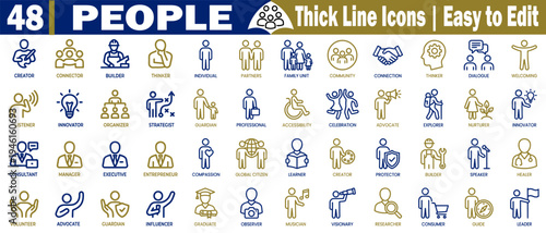 People line art icons set. Collection of diverse thick line icons representing various people and activities, vector illustration. 
