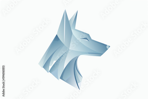 Geometric wolf head illustration in shades of blue and white