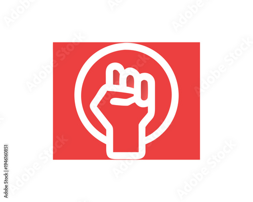 Raised fist symbol within a circular frame on a red background
