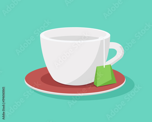 A simple illustration of a white teacup with a green tea bag