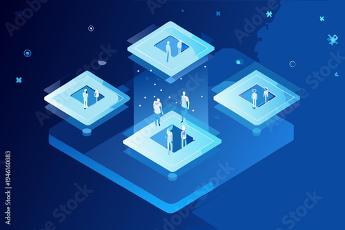 Abstract illustration of people interacting within interconnected digital platforms