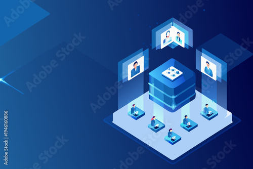 Isometric illustration depicting a virtual meeting and data center infrastructure
