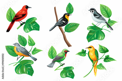 A vibrant collection of colorful birds perched amongst lush green foliage