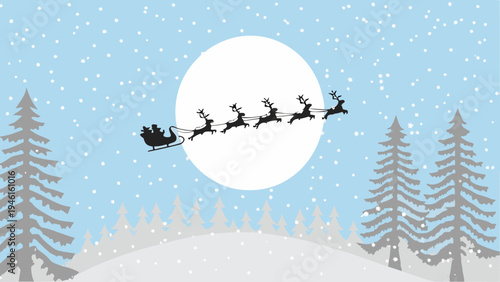 Santa claus and reindeer silhouetted against a full moon in winter