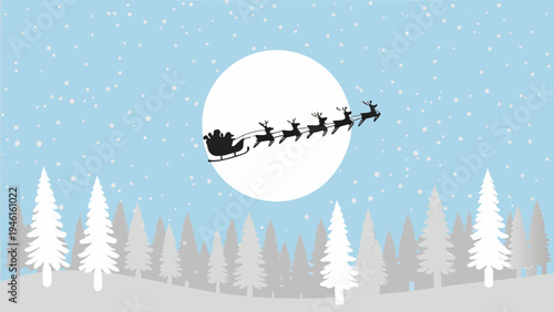 Santa claus and reindeer silhouetted against a large winter moon