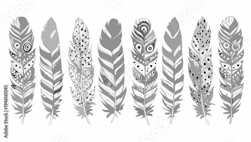 A collection of stylized owl feathers in grayscale arranged horizontally