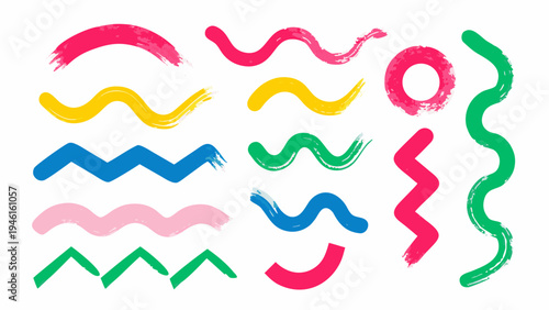 Colorful abstract brushstroke waves and lines arranged in neat rows