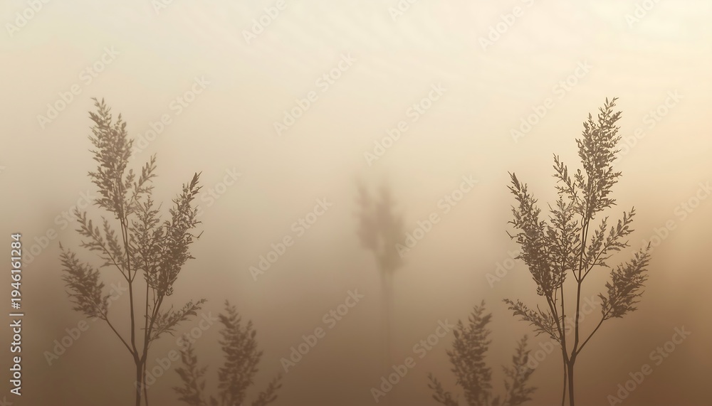 Fototapeta premium Symmetrical silhouettes of feathery foliage emerge from a warm, hazy background, creating a sense of depth.