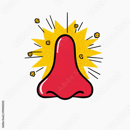Flat vector illustration of a red nose with a tiny yellow shield, suitable for allergy awareness campaigns, medical blogs, or health-related designs.