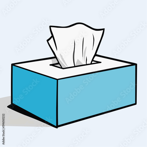 Flat vector illustration of a blue tissue box with one tissue pulled out, suitable for health blogs, hygiene product ads, or cold and flu season promotions.