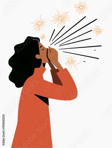 Flat  illustration of a person sneezing with a sty, suitable for health articles, medical infographics, or allergy awareness campaigns, with copy space
