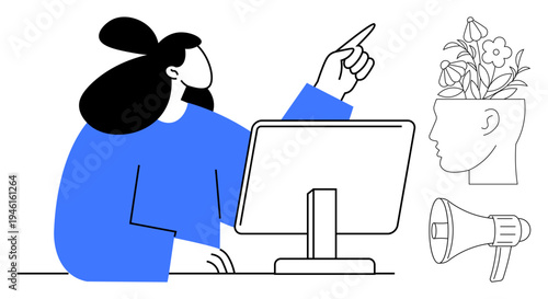 Woman interacting with a computer while pointing, plants growing from a head, and a megaphone. Ideal for creativity, innovation, brainstorming, digital tools, communication, teamwork