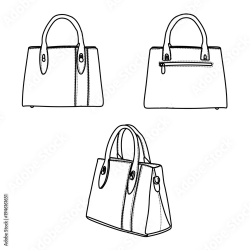 Collection of Three Handbag Illustrations in Sketch Style.
