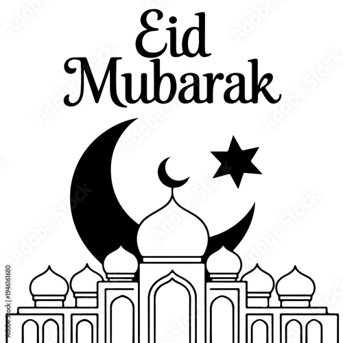 A black silhouette of a mosque on a crescent moon