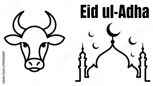 Eid ul-adha celebration with a cow and mosque