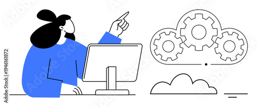 Cloud technology. A depiction of cloud technology with a user at a computer pointing to cloud-based gears. Cloud technology for collaboration, data synchronization, and innovation in IT services