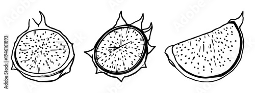 Dragon fruit slice set with digital glitch effect featuring op art, 2026 aesthetic, sharp lines with geometric distortion and modern cyber art