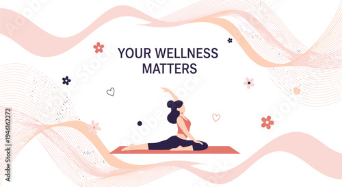 Vector yoga illustration with wellness quote and decorative elements