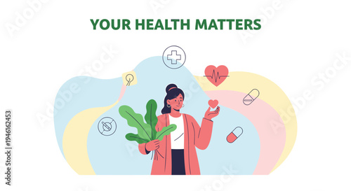 Vector illustration of a woman with a plant and medical icons, health concept