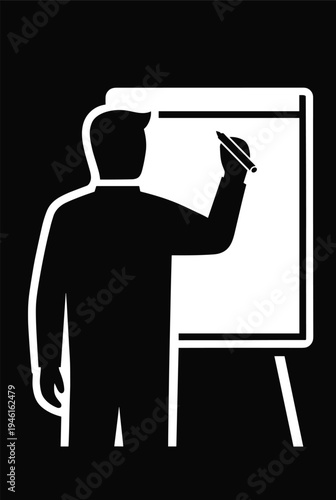 Black and white vector illustration of a professional businessman or teacher writing on a flipchart board during a presentation, seminar, or workshop