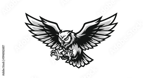 Aggressive Owl Flying with Open Wings and Claws Extended, Vector Illustration