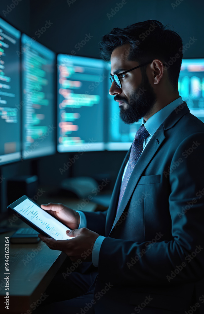 Fototapeta premium Man in suit with glasses uses tablet. Multiple computer screens show code. He looks at data, analyzes graphs, works in dark office. Business professional in tech.