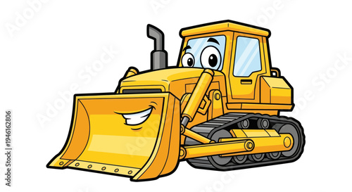 Happy Cartoon Bulldozer Character with Smiling Face, Construction Vehicle