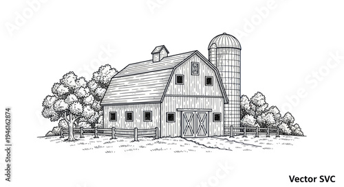 Rustic Barn and Silo Sketch with Trees and Fence, Black and White Farmhouse Illustration