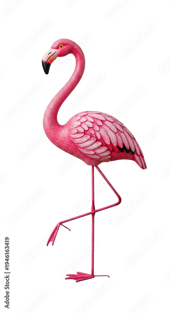Obraz premium A vibrant flamingo statue standing with elegance against a simple backdrop. Its pink plumage and slender legs evoke a sense of grace and tropical charm.