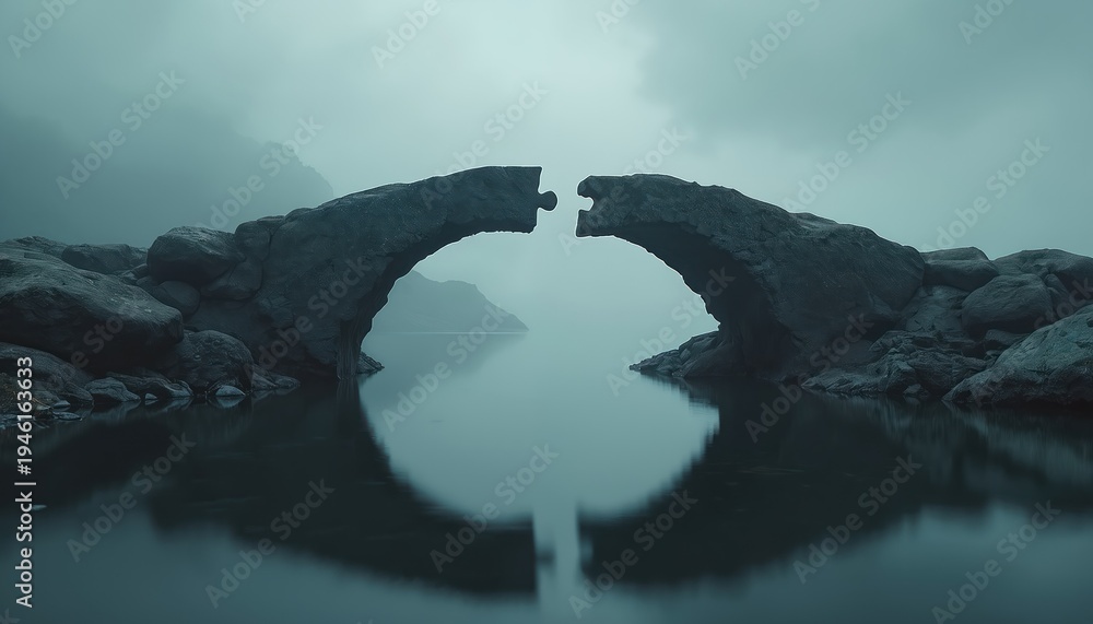 Naklejka premium Stone bridge with gap like puzzle piece missing over dark water. Represents disconnection or lack of teamwork. Symbolizes challenge overcome or problem needing solution.