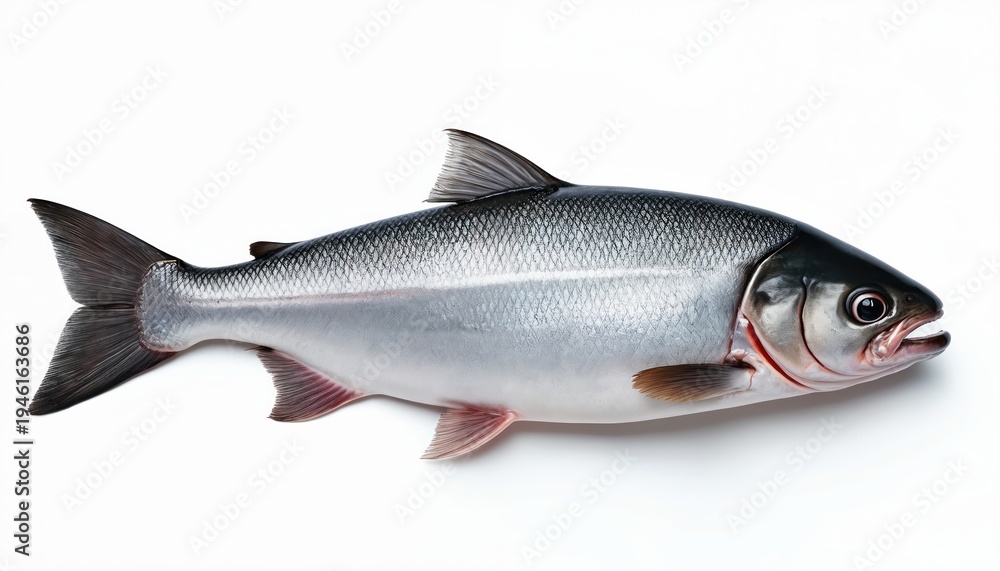 Obraz premium Whole light gray fish with scales, fins, tail, and open mouth rests on a clean white backdrop. This aquatic creature is perfect for food, health, or market content.
