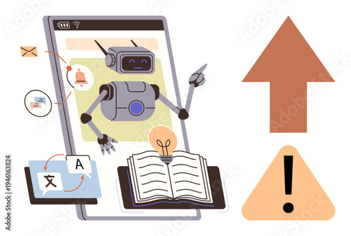 Education, artificial intelligence, translation, technology, communication, innovation. A robot on a digital screen surrounded by an open book, language translation tools, and notification icons