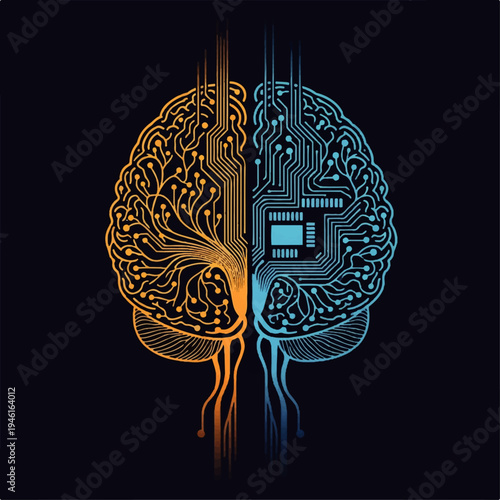 Intricate digital brain illustration featuring complex circuit patterns, symbolizing artificial intelligence, data processing, and technological thought