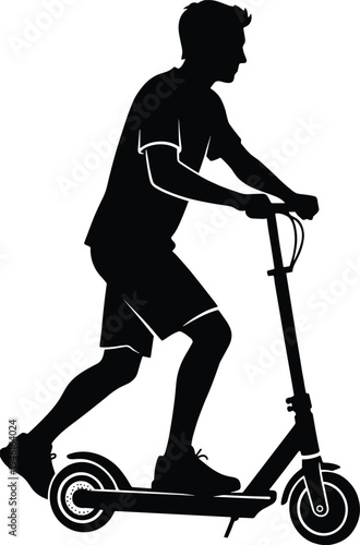 Black silhouette of a young man riding an electric kick scooter in a casual outfit isolated on white background for urban transportation and mobility