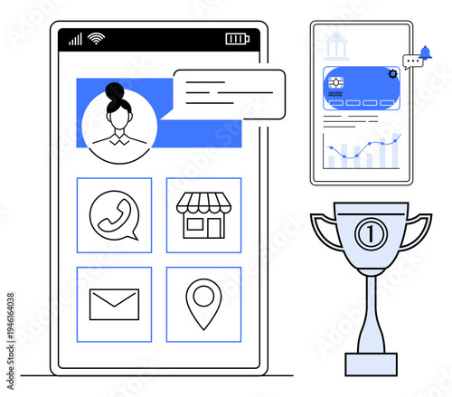 Mobile communication concept. Mobile communication with options thumbs up messages, business, and contacts. Mobile communication enhances online connection and success. For apps, tech, achievements