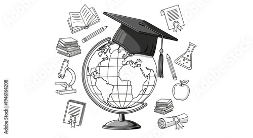 Global Education Concept with Graduation Cap on World Globe and Academic Items.